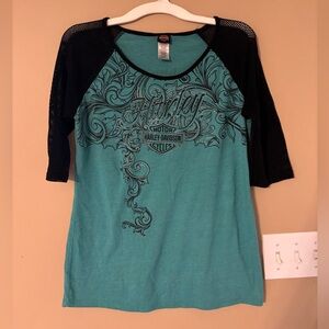 Harley Davidson Womens XL Teal Sequin Pattern Mesh Half Sleeve Size Coos Bay, OR